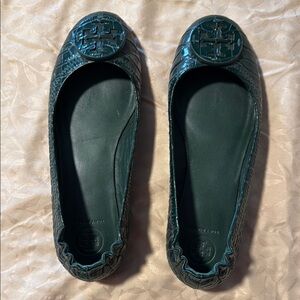 Tory Burch Green Quilted Flats with Medallion Detail